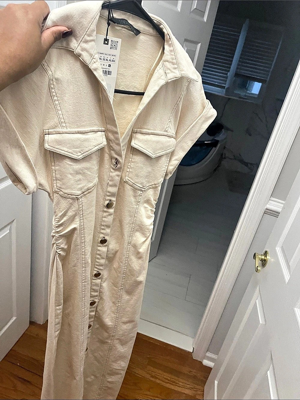 Zara Denim Shirt Dress Cream Utility Maxi Dress Size XL